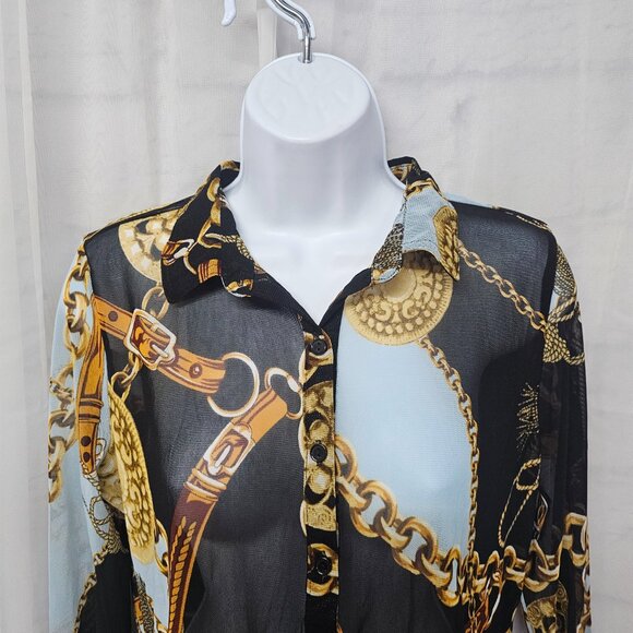 Black Gold Mesh Sheer Button Blouse Equestrian Club Party XL NWT - Picture 2 of 12